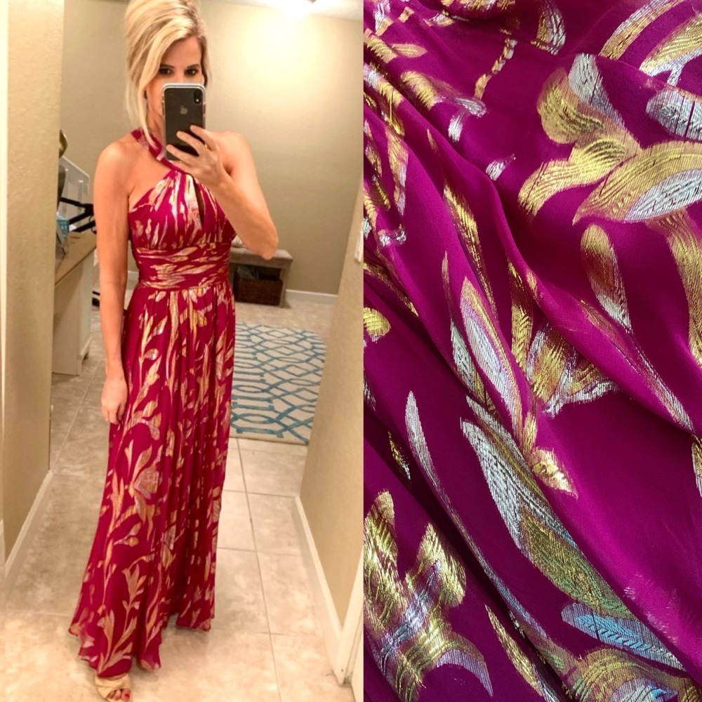 Aidan Mattox Metallic Burgundy Cranberry Silver Gold Leaf Gown